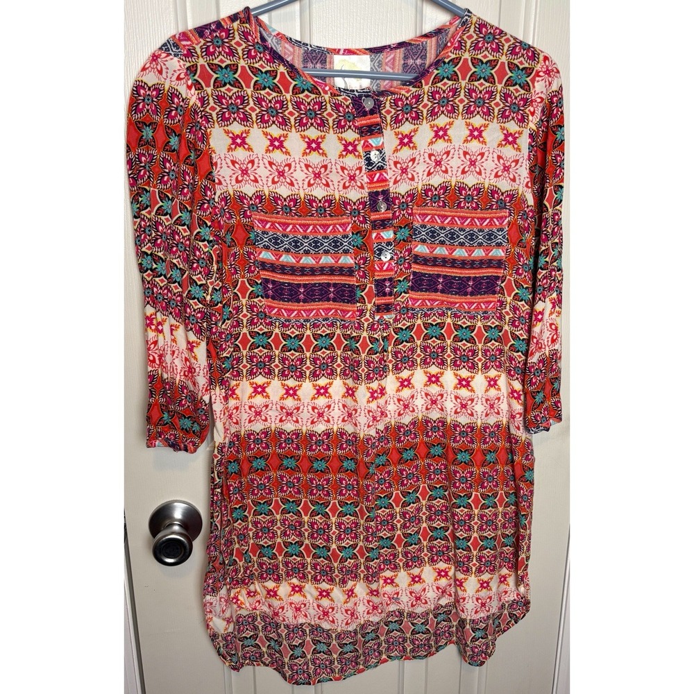 Boho Anthropologie Fig & Flower Colorful Geometric Tunic Blouse Medium Top